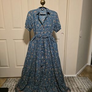 Teal Blue Floral Maxi Shirt Dress with Self Tie Belt